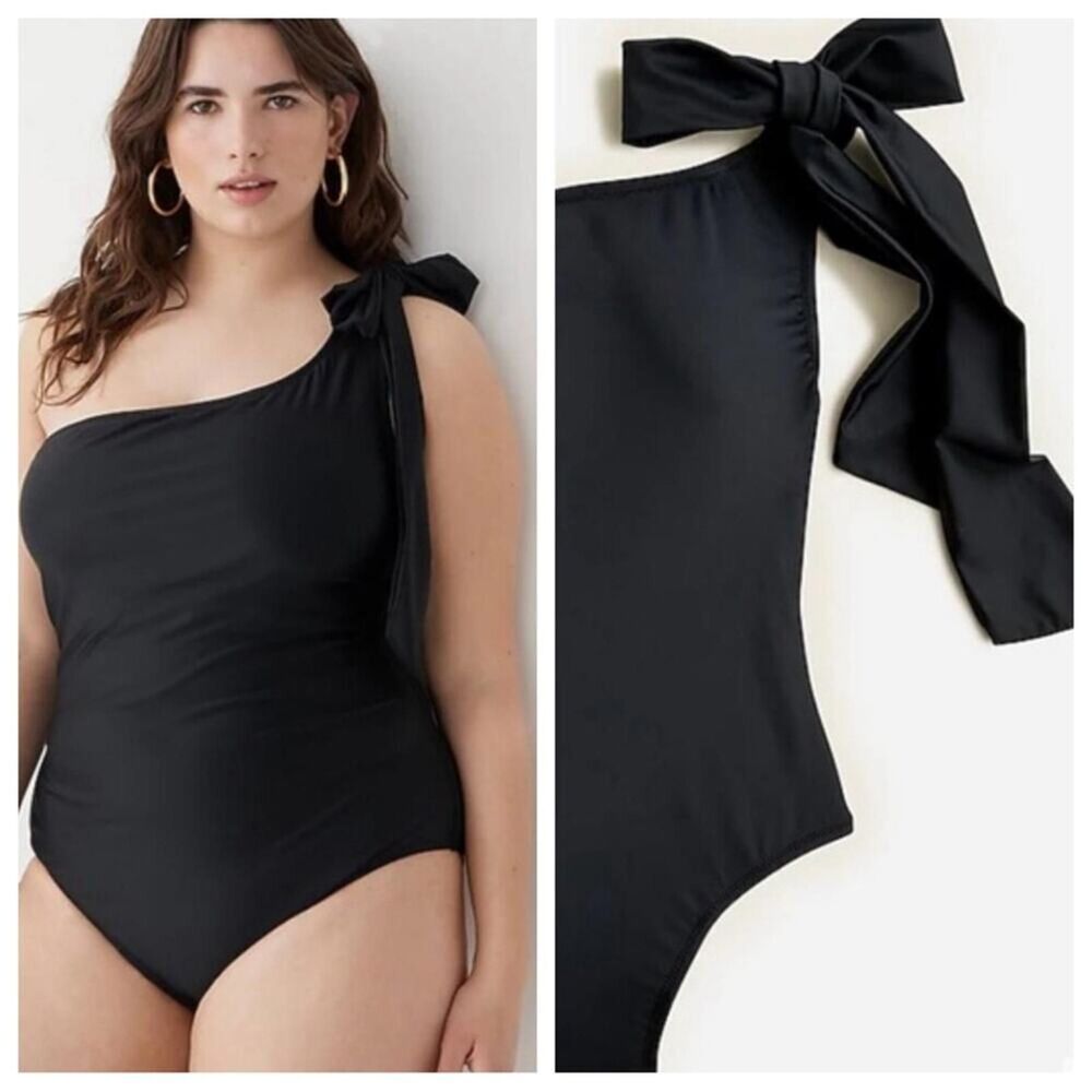 🆕 J. Crew Black Bow One Piece Swimsuit Asymmetrical Shoulder Plus NWT 22 NEW